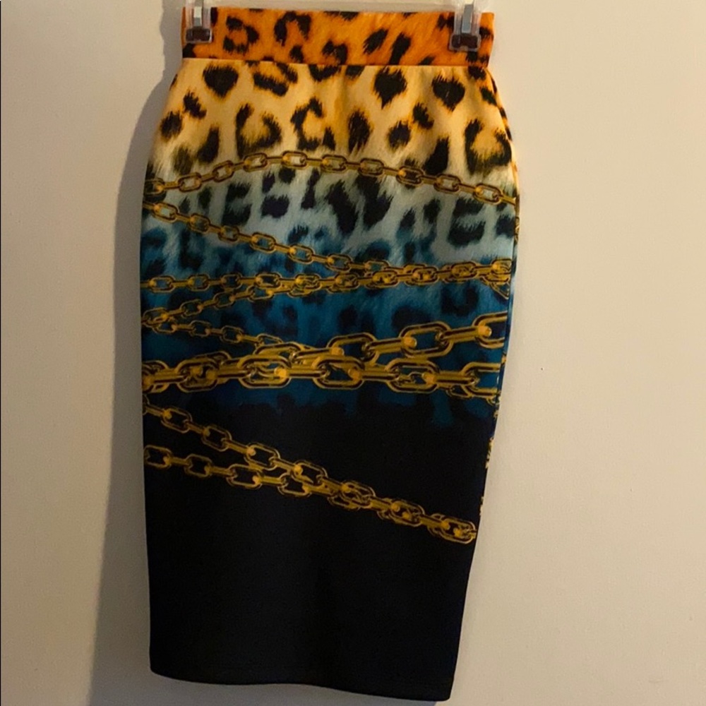 multi colored pencil skirt with gold chain print